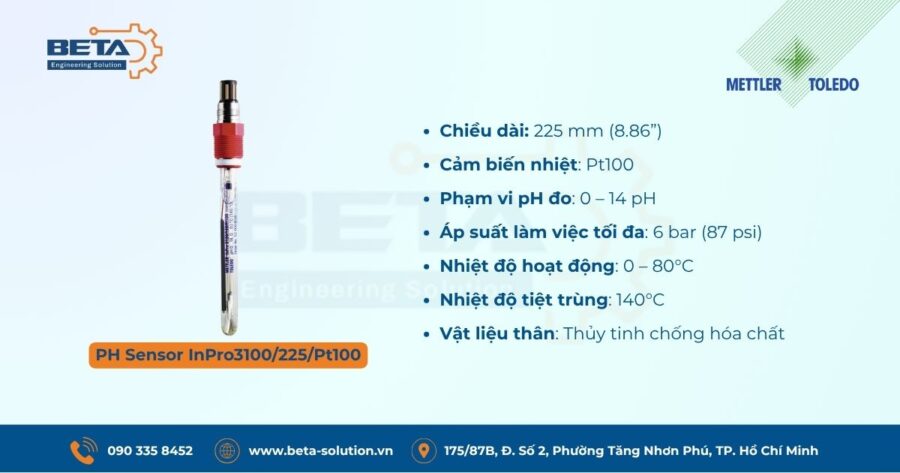 Thông số cảm biến pH InPro3100/225/Pt100