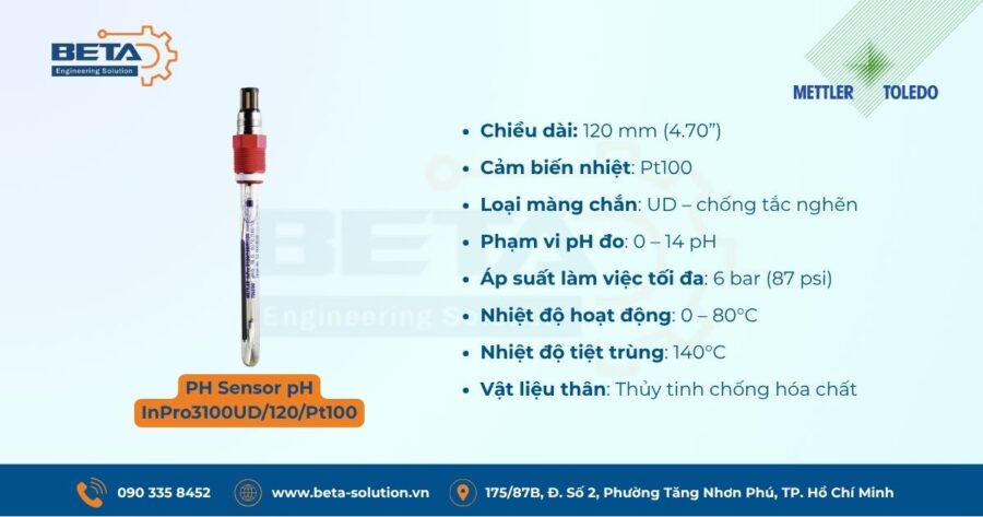 Thông số cảm biến pH InPro3100UD/120/Pt100