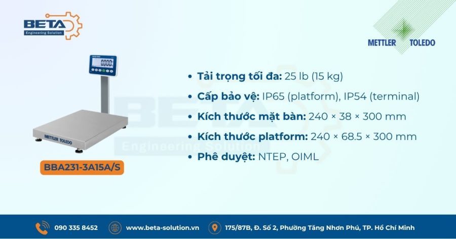 Thông số Cân bàn điện tử BBA231-3A15A/S